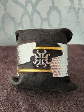 Two-Tone Silver & Gold Cuff Bracelet with Decorative Cutout